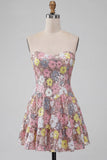 Vestido Curto Curto de Regresso a Casa Floral em camadas cor-de-rosa brilhante Honeyheart A-Line com Lantejoulas