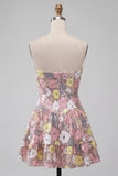 Vestido Curto Curto de Regresso a Casa Floral em camadas cor-de-rosa brilhante Honeyheart A-Line com Lantejoulas