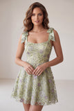 Vestido curto de regresso a casas, Dusty Sage A-Line Floral, alças grossas,