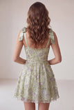 Vestido curto de regresso a casas, Dusty Sage A-Line Floral, alças grossas,