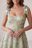 Vestido curto de regresso a casas, Dusty Sage A-Line Floral, alças grossas,