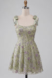 Vestido curto de regresso a casas, Dusty Sage A-Line Floral, alças grossas,