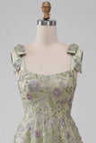 Vestido curto de regresso a casas, Dusty Sage A-Line Floral, alças grossas,