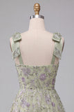 Vestido curto de regresso a casas, Dusty Sage A-Line Floral, alças grossas,