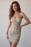 Sweetheart Dusty Sage Bodycon Floral transparente Vestido Curto de Regresso a Casa com Missangas