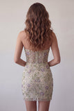 Sweetheart Dusty Sage Bodycon Floral transparente Vestido Curto de Regresso a Casa com Missangas
