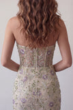 Sweetheart Dusty Sage Bodycon Floral transparente Vestido Curto de Regresso a Casa com Missangas