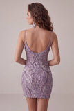 Vestido curto de regresso a casa com alças finas com alças curtas bodycon lilás