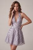 Vestido curto de regresso a casa, decote lilasás e decote lilás sem costas, vestido curto de regresso a casa com lantejoulas