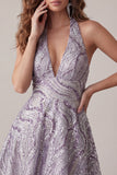 Vestido curto de regresso a casa, decote lilasás e decote lilás sem costas, vestido curto de regresso a casa com lantejoulas