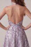 Vestido curto de regresso a casa, decote lilasás e decote lilás sem costas, vestido curto de regresso a casa com lantejoulas