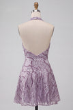 Vestido curto de regresso a casa, decote lilasás e decote lilás sem costas, vestido curto de regresso a casa com lantejoulas