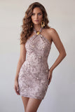 Vestido curto de regresso a casa, Fog Halter Neck, Bodycon Pérola Floral, Curta de Homecoming com Missangas
