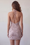 Vestido curto de regresso a casa, Fog Halter Neck, Bodycon Pérola Floral, Curta de Homecoming com Missangas