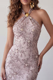 Vestido curto de regresso a casa, Fog Halter Neck, Bodycon Pérola Floral, Curta de Homecoming com Missangas