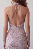 Vestido curto de regresso a casa, Fog Halter Neck, Bodycon Pérola Floral, Curta de Homecoming com Missangas