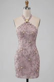 Vestido curto de regresso a casa, Fog Halter Neck, Bodycon Pérola Floral, Curta de Homecoming com Missangas