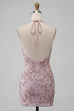 Vestido curto de regresso a casa, Fog Halter Neck, Bodycon Pérola Floral, Curta de Homecoming com Missangas