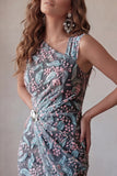 Vestido Curto de Regresso a Casa Preto, Bodycon Floral, Franzido e Bordados