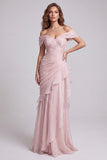 Vestido Formal Rosa Claro de Sereia Enrugada, Ombro Descoberto e Folhos