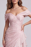 Vestido Formal Rosa Claro de Sereia Enrugada, Ombro Descoberto e Folhos
