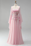 Mangas alargadas cor-de-rosa claro Espartilho Linha A de lantejoulas Vestido formal comprido