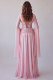 Mangas alargadas cor-de-rosa claro Espartilho Linha A de lantejoulas Vestido formal comprido