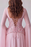 Mangas alargadas cor-de-rosa claro Espartilho Linha A de lantejoulas Vestido formal comprido
