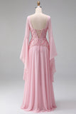Mangas alargadas cor-de-rosa claro Espartilho Linha A de lantejoulas Vestido formal comprido