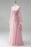 Mangas alargadas cor-de-rosa claro Espartilho Linha A de lantejoulas Vestido formal comprido
