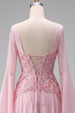 Mangas alargadas cor-de-rosa claro Espartilho Linha A de lantejoulas Vestido formal comprido