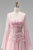 Mangas alargadas cor-de-rosa claro Espartilho Linha A de lantejoulas Vestido formal comprido