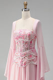 Mangas alargadas cor-de-rosa claro Espartilho Linha A de lantejoulas Vestido formal comprido