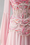 Mangas alargadas cor-de-rosa claro Espartilho Linha A de lantejoulas Vestido formal comprido