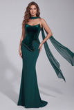 Vestido Formal Espartilho Sem Alças Verde Verde Escuro com Espartilho e Cachecol