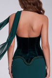 Vestido Formal Espartilho Sem Alças Verde Verde Escuro com Espartilho e Cachecol