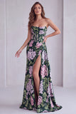 Vestido formal floral verde-escuro sem alças, franzido em linha A, com fenda