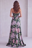 Vestido formal floral verde-escuro sem alças, franzido em linha A, com fenda