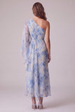 Vestido formal assimétrico com bainha e franzidos BLue florais empoeirados com flor 3D