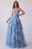 Vestido de Baile Longo Sem Alças com Espartilho A-Line Azul Poeirento, Com Folhos e Descamadas