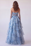 Vestido de Baile Longo Sem Alças com Espartilho A-Line Azul Poeirento, Com Folhos e Descamadas