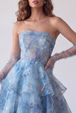 Vestido de Baile Longo Sem Alças com Espartilho A-Line Azul Poeirento, Com Folhos e Descamadas