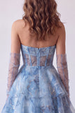 Vestido de Baile Longo Sem Alças com Espartilho A-Line Azul Poeirento, Com Folhos e Descamadas