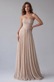 Vestido formal longo e franzido sem alças Champanhe