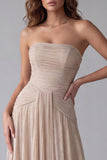 Vestido formal longo e franzido sem alças Champanhe