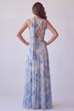Vestido formal longo azul com recorte floral com um ombro e cachecol