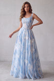 Vestido Formal Longo Azul Azul-A-Line Espartilho Floral Floral Pérola Azul Claro