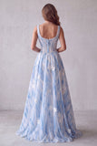 Vestido Formal Longo Azul Azul-A-Line Espartilho Floral Floral Pérola Azul Claro
