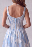 Vestido Formal Longo Azul Azul-A-Line Espartilho Floral Floral Pérola Azul Claro