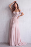 Espartilho Corset A-Line Cor-de-rosa claro, vestido formal comprido para ombros com aplicações florais 3D